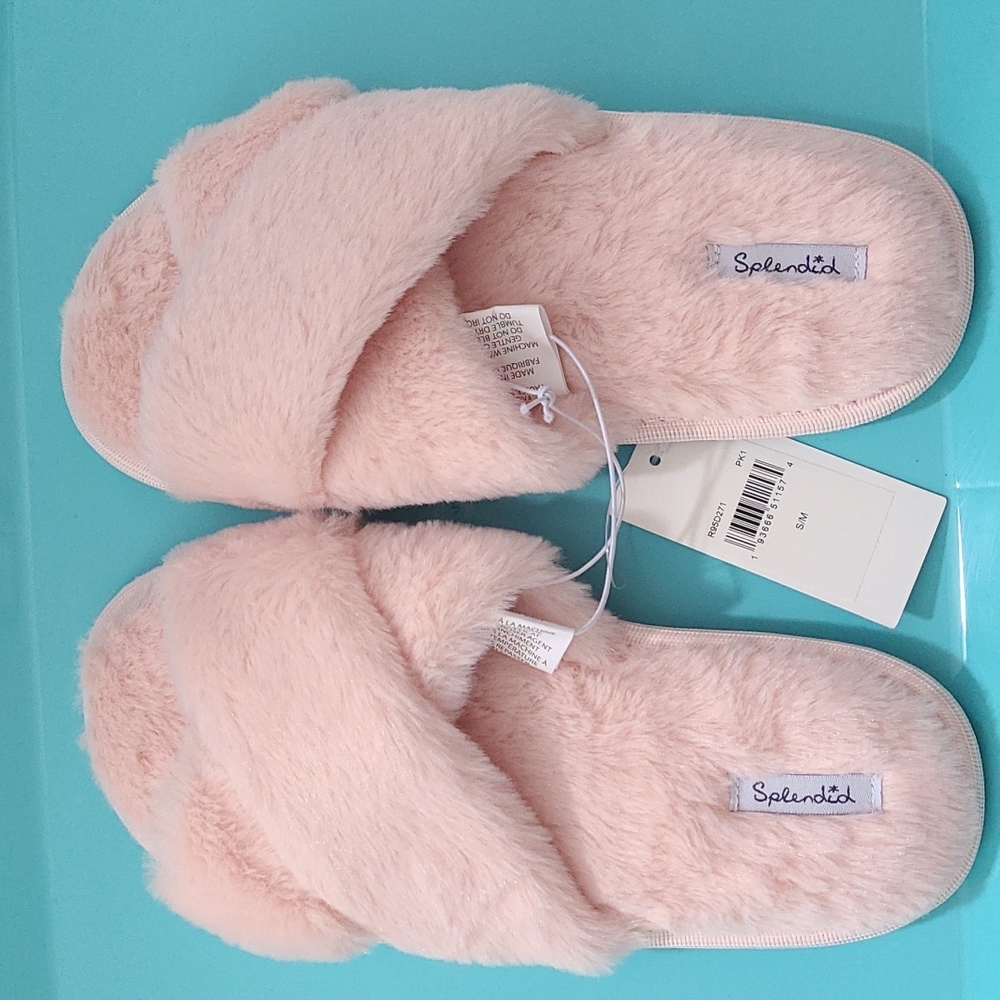 Splendid Plush Pink Cross Slide  Slippers S/M